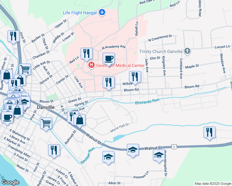 map of restaurants, bars, coffee shops, grocery stores, and more near 2-6 South Academy Avenue in Danville