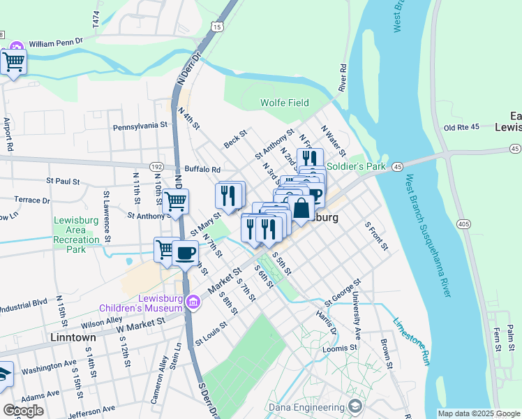 map of restaurants, bars, coffee shops, grocery stores, and more near 60 North 4th Street in Lewisburg