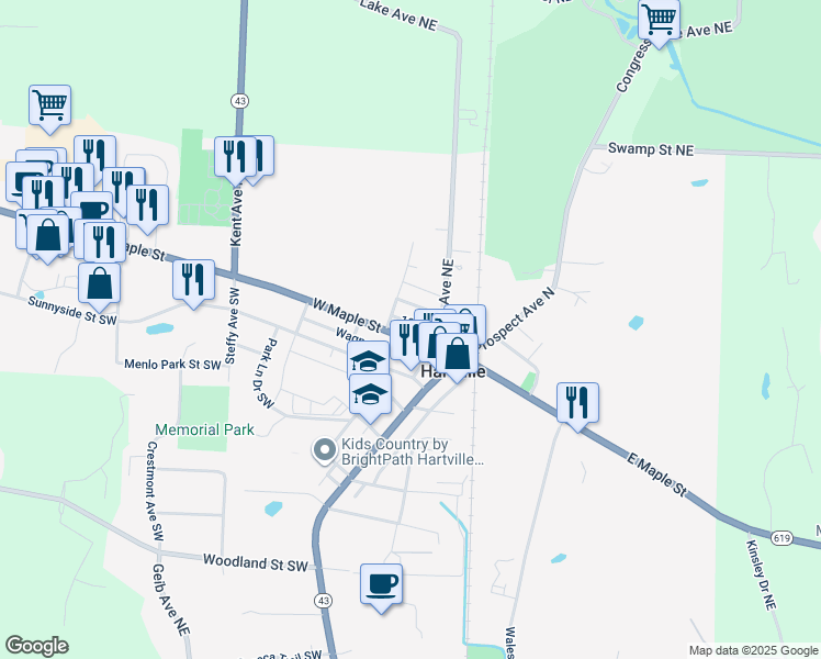 map of restaurants, bars, coffee shops, grocery stores, and more near 227 West Maple Street in Hartville