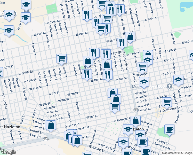 map of restaurants, bars, coffee shops, grocery stores, and more near 712 North Locust Street in Hazleton