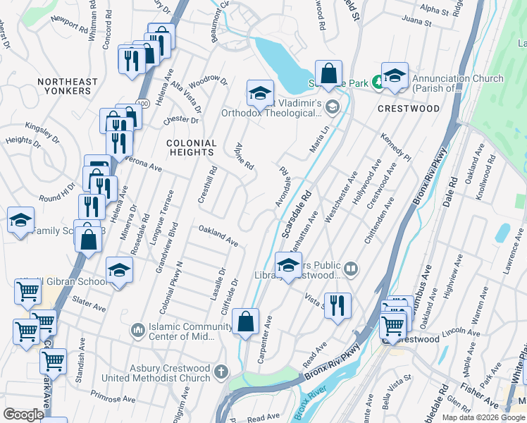 map of restaurants, bars, coffee shops, grocery stores, and more near 33 Alta Vista Drive in Yonkers
