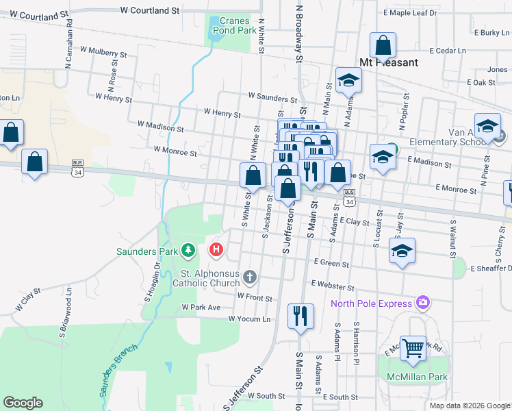 map of restaurants, bars, coffee shops, grocery stores, and more near 305 West Clay Street in Mount Pleasant