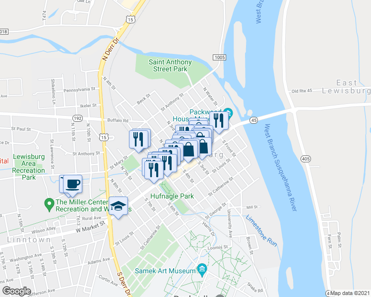 map of restaurants, bars, coffee shops, grocery stores, and more near 25 North 3rd Street in Lewisburg