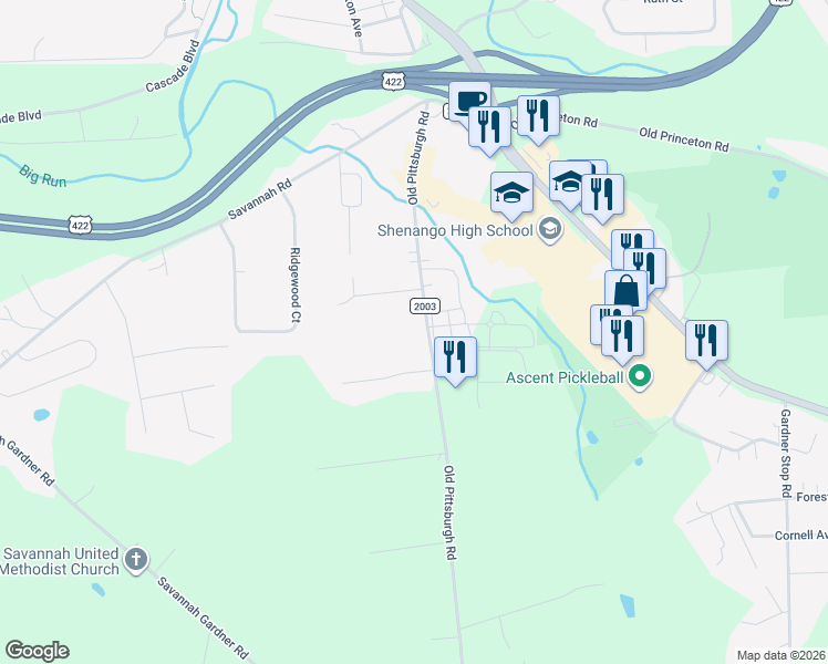 map of restaurants, bars, coffee shops, grocery stores, and more near 2816 Old Pittsburgh Road in New Castle