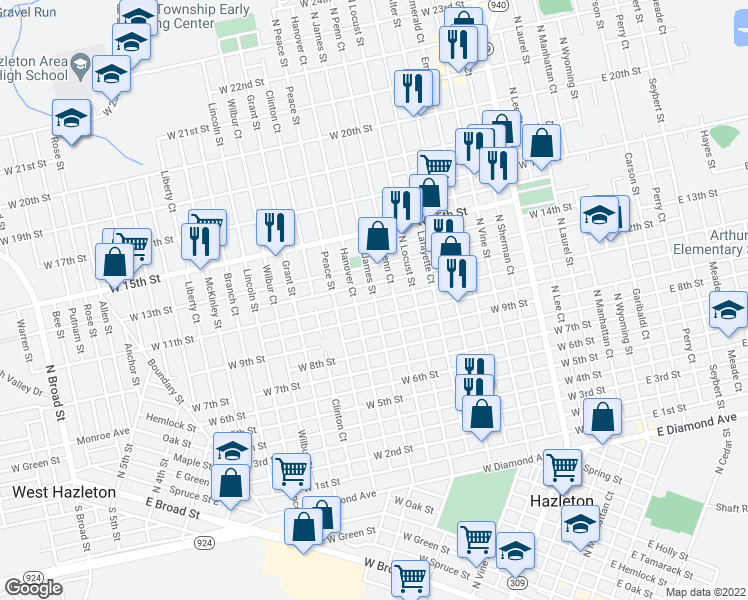 map of restaurants, bars, coffee shops, grocery stores, and more near West 11th Street in Hazleton