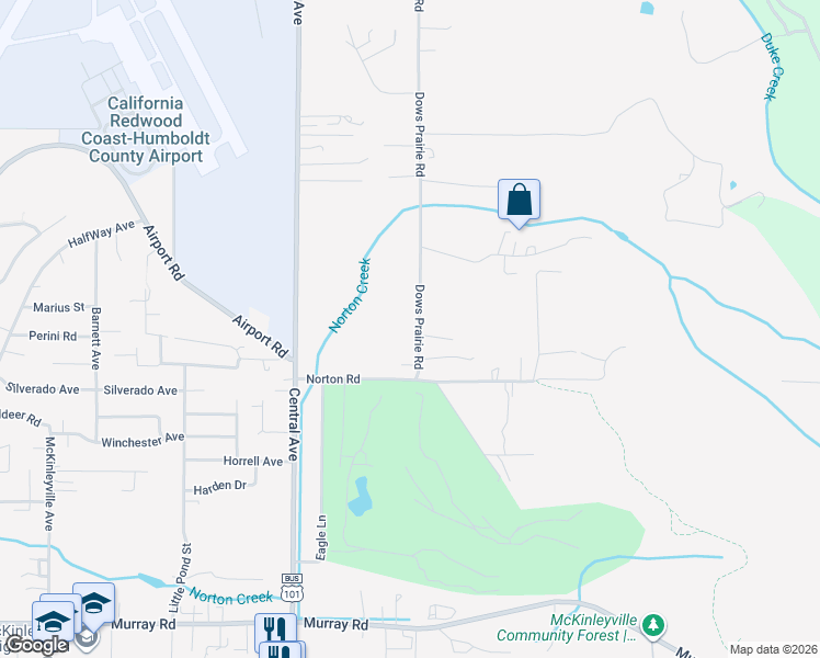 map of restaurants, bars, coffee shops, grocery stores, and more near 3278 Dows Prairie Road in McKinleyville