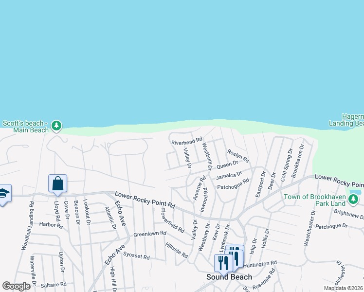 map of restaurants, bars, coffee shops, grocery stores, and more near 30 Riverhead Road in Sound Beach