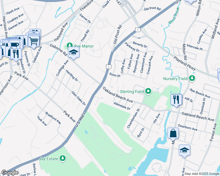 map of restaurants, bars, coffee shops, grocery stores, and more near 3 Franklin Avenue in Rye