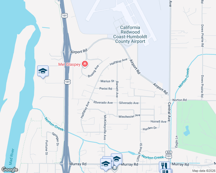 map of restaurants, bars, coffee shops, grocery stores, and more near 1219 Perini Road in McKinleyville