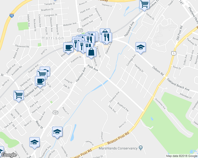 map of restaurants, bars, coffee shops, grocery stores, and more near 19 Bradford Avenue in Harrison