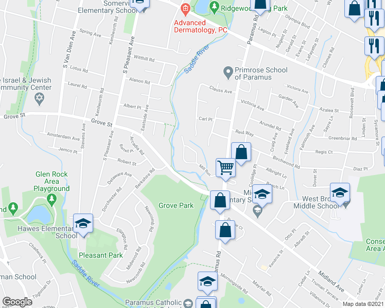 map of restaurants, bars, coffee shops, grocery stores, and more near 585 Grist Trail in Paramus