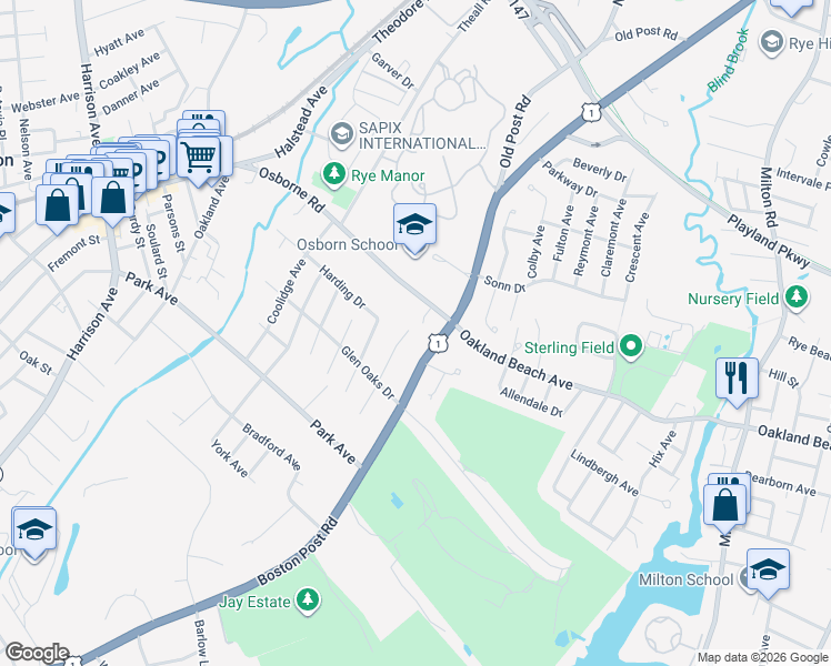 map of restaurants, bars, coffee shops, grocery stores, and more near 1 Walker Avenue in Rye