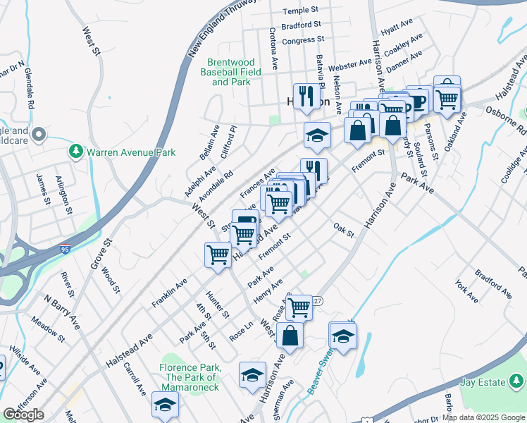 map of restaurants, bars, coffee shops, grocery stores, and more near 100 Franklin Avenue in Harrison