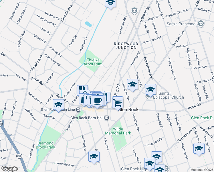 map of restaurants, bars, coffee shops, grocery stores, and more near 61 Valley Road in Glen Rock