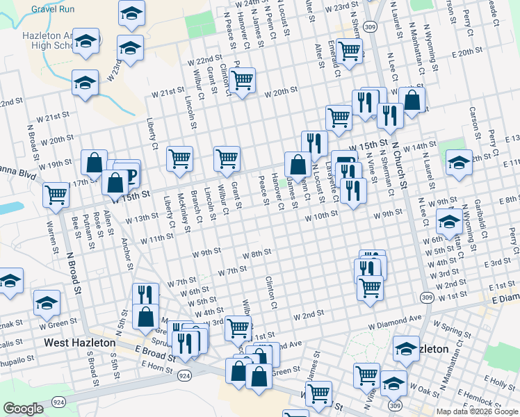 map of restaurants, bars, coffee shops, grocery stores, and more near 750 West 12th Street in Hazleton