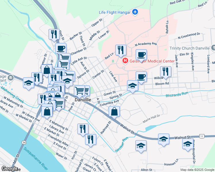 map of restaurants, bars, coffee shops, grocery stores, and more near 926 Vine Street in Danville