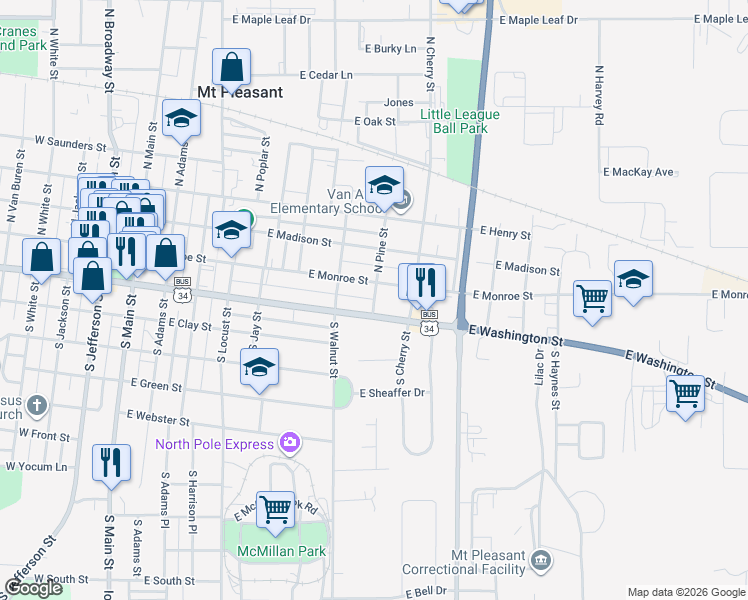 map of restaurants, bars, coffee shops, grocery stores, and more near 153 South Pine Street in Mount Pleasant