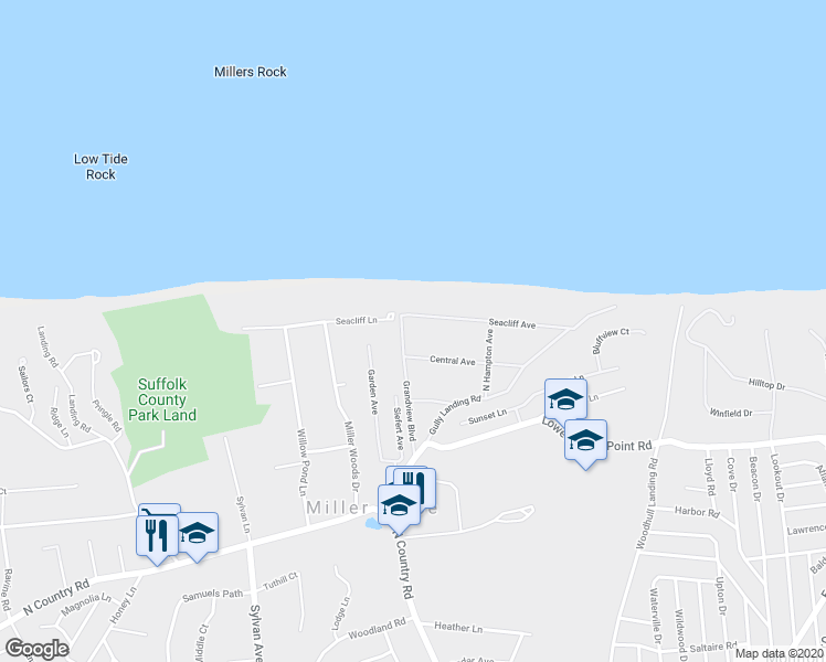 map of restaurants, bars, coffee shops, grocery stores, and more near 49 Grandview Boulevard in Miller Place