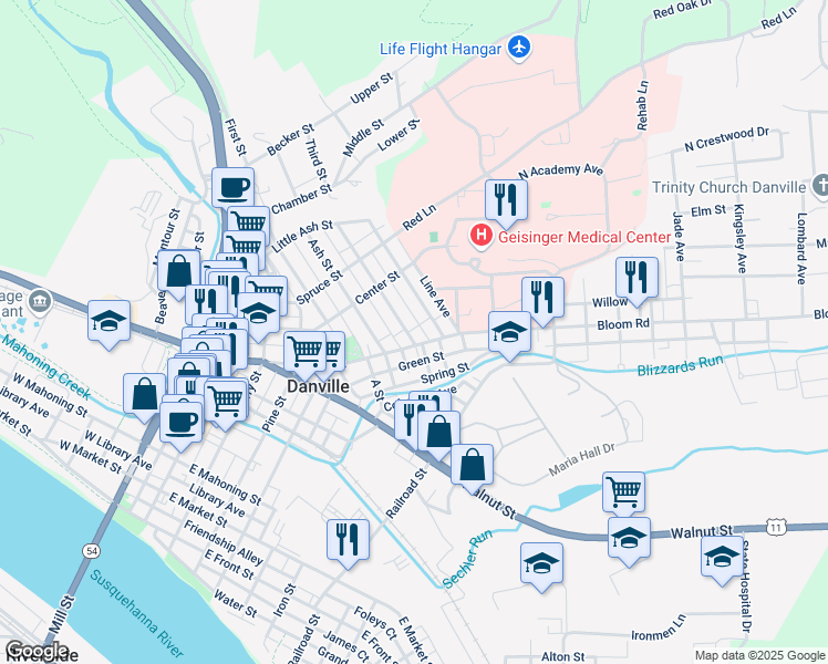 map of restaurants, bars, coffee shops, grocery stores, and more near 926 Vine Street in Danville