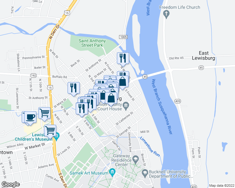 map of restaurants, bars, coffee shops, grocery stores, and more near in Lewisburg