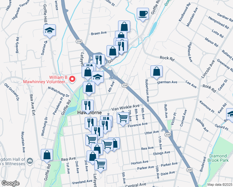 map of restaurants, bars, coffee shops, grocery stores, and more near 111 Ethel Avenue in Hawthorne