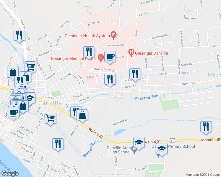 map of restaurants, bars, coffee shops, grocery stores, and more near 6 S Academy Ave in Danville