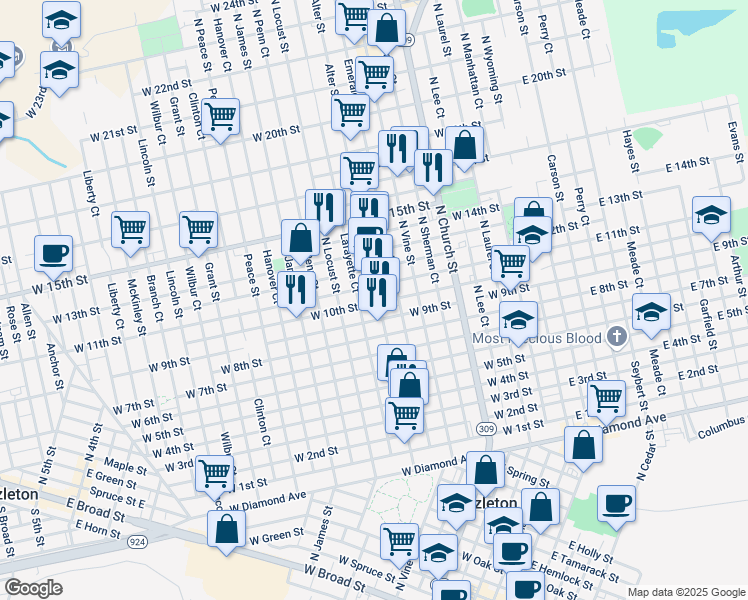 map of restaurants, bars, coffee shops, grocery stores, and more near 706 Alter Street in Hazleton