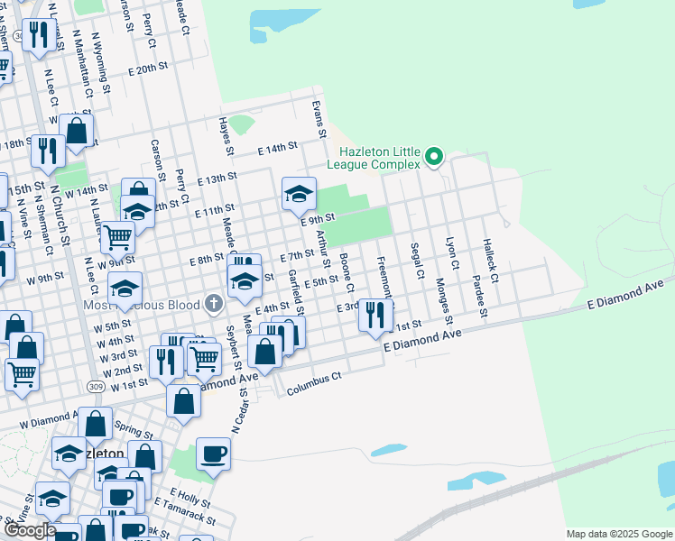 map of restaurants, bars, coffee shops, grocery stores, and more near 516 East 6th Street in Hazleton