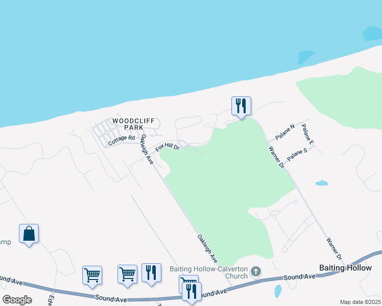 map of restaurants, bars, coffee shops, grocery stores, and more near 1312 Bluffs Drive North in Calverton