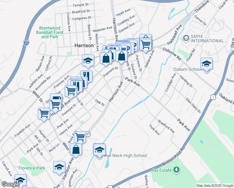 map of restaurants, bars, coffee shops, grocery stores, and more near 145 Harrison Avenue in Harrison