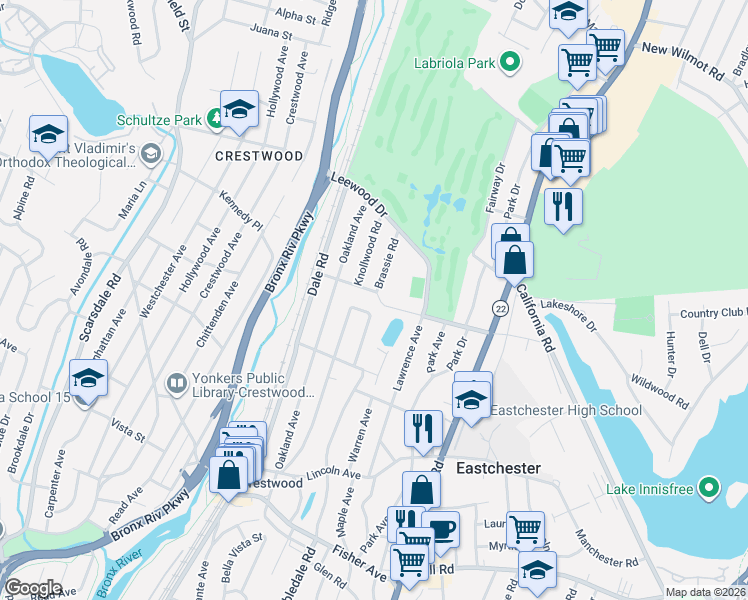 map of restaurants, bars, coffee shops, grocery stores, and more near 18 Cross Hill Road in Eastchester
