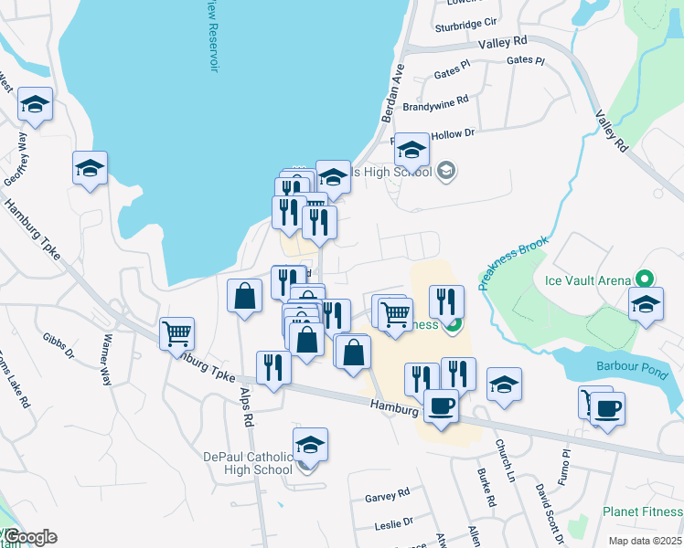 map of restaurants, bars, coffee shops, grocery stores, and more near 1124 Brittany Drive in Wayne