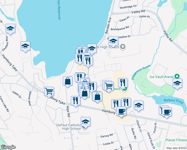 map of restaurants, bars, coffee shops, grocery stores, and more near 1124 Brittany Drive in Wayne