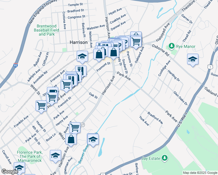 map of restaurants, bars, coffee shops, grocery stores, and more near 145 Harrison Avenue in Harrison