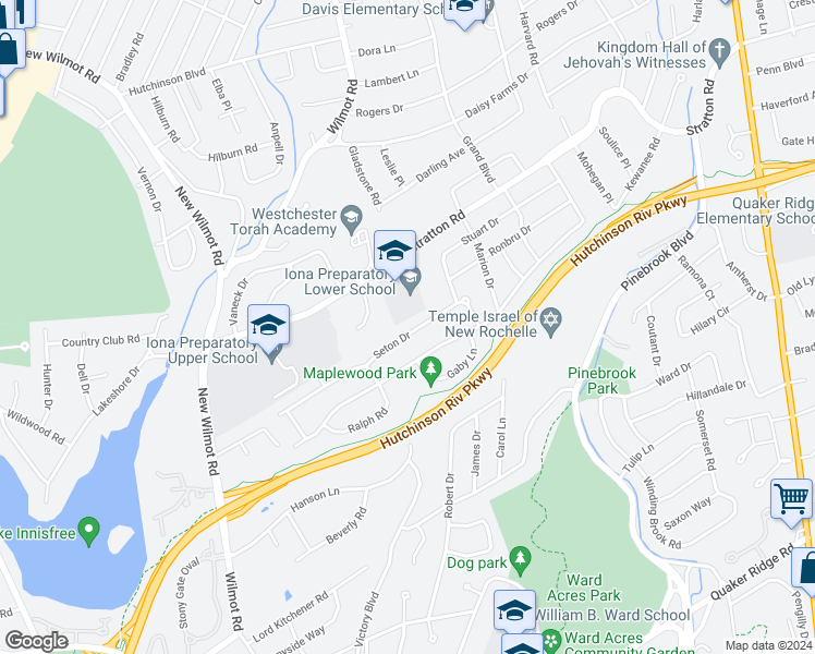 map of restaurants, bars, coffee shops, grocery stores, and more near 102 Seton Drive in New Rochelle