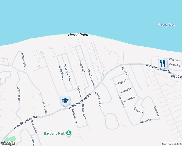 map of restaurants, bars, coffee shops, grocery stores, and more near 68 Herod Point Road in Wading River
