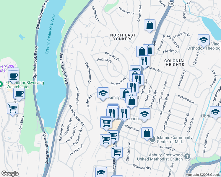 map of restaurants, bars, coffee shops, grocery stores, and more near 15 Entrance Court in Yonkers