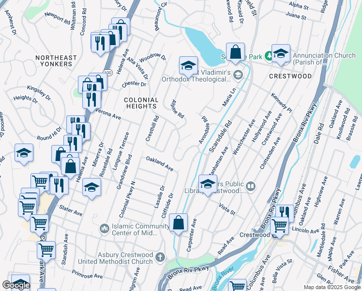map of restaurants, bars, coffee shops, grocery stores, and more near 126 Alta Vista Drive in Yonkers