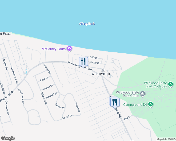 map of restaurants, bars, coffee shops, grocery stores, and more near 2945 North Wading River Road in Wading River