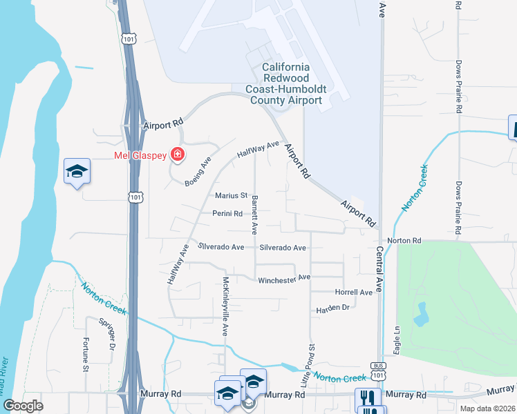 map of restaurants, bars, coffee shops, grocery stores, and more near 3287 Barnett Avenue in McKinleyville