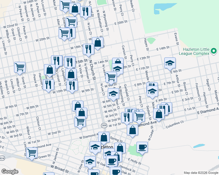 map of restaurants, bars, coffee shops, grocery stores, and more near 673 North Laurel Street in Hazleton