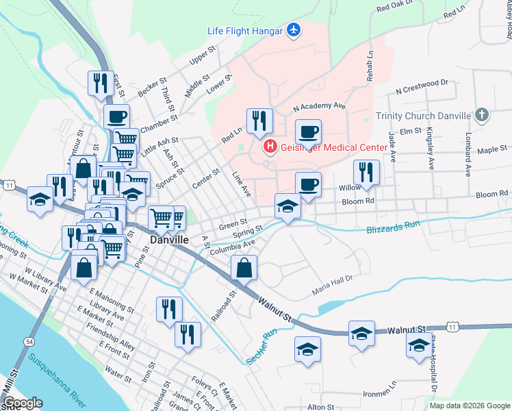 map of restaurants, bars, coffee shops, grocery stores, and more near 7 Poplar Avenue in Danville