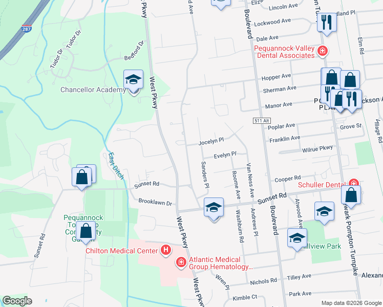 map of restaurants, bars, coffee shops, grocery stores, and more near 25 Sanders Place in Pequannock Township
