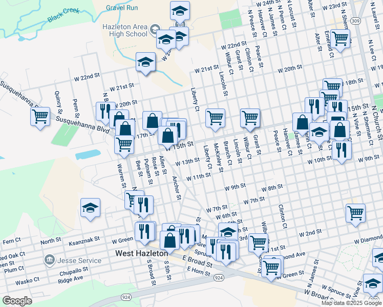 map of restaurants, bars, coffee shops, grocery stores, and more near 786 Roosevelt Street in Hazleton