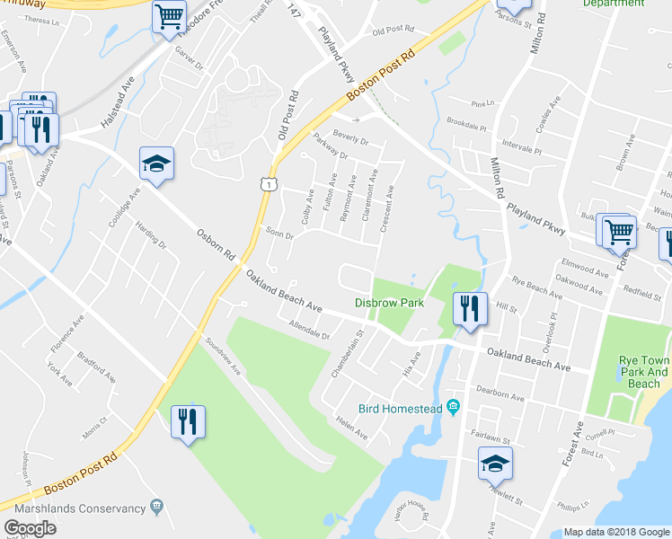 map of restaurants, bars, coffee shops, grocery stores, and more near 23 Thorne Place in Rye