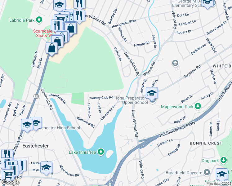 map of restaurants, bars, coffee shops, grocery stores, and more near 6 Country Club Road in Eastchester