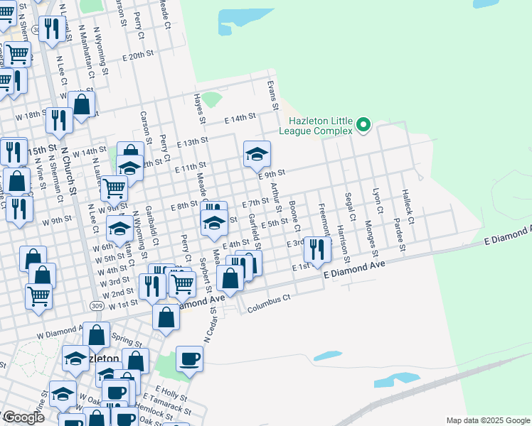 map of restaurants, bars, coffee shops, grocery stores, and more near 420 East 6th Street in Hazleton