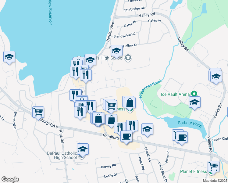map of restaurants, bars, coffee shops, grocery stores, and more near 701 Brittany Drive in Wayne