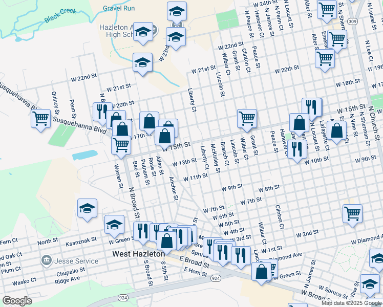 map of restaurants, bars, coffee shops, grocery stores, and more near 786 Roosevelt Street in Hazleton