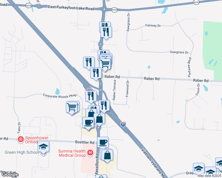 map of restaurants, bars, coffee shops, grocery stores, and more near 3544 Raber Terrace in Uniontown